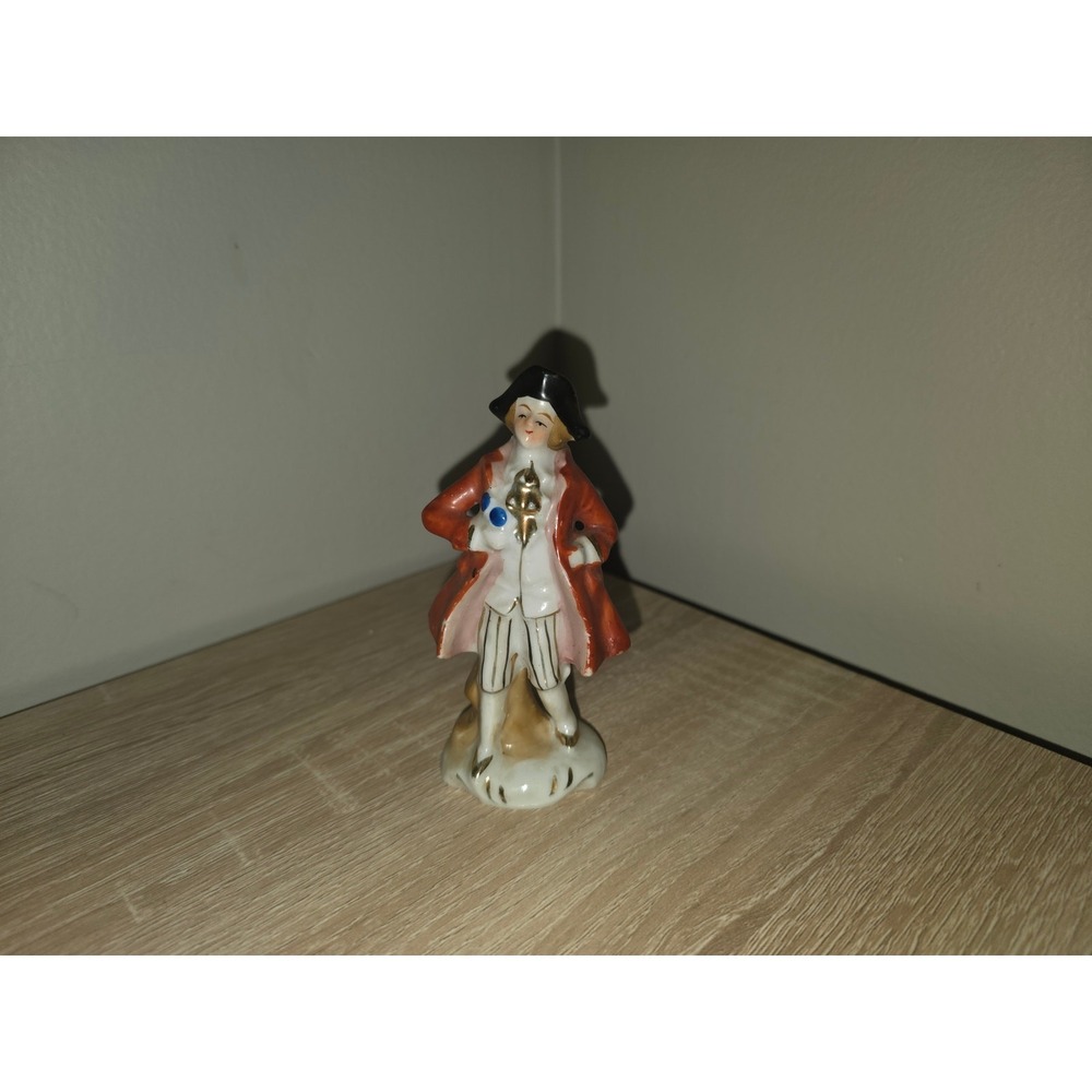 Vintage Occupied Japan Porcelain Colonial Man Figurine Orange Coat Hand Painted